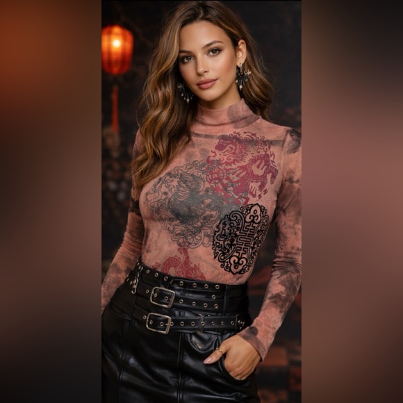 MEXX Mesh Dragon Tattoo Top Sheer Y2K Long Sleeve - Picture 4 of 4